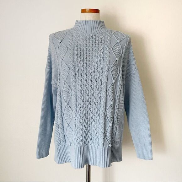 J. Crew Light Blue Turtleneck cable knit sweater Medium preowned - Picture 1 of 4